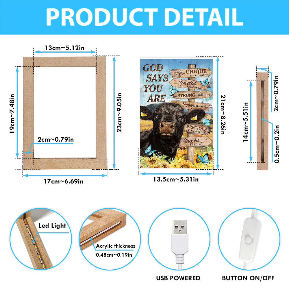 God Says You Are Black Cow Sunflower Field Frame Lamp Art - Bible Verse Wooden Lamp - Inspirational Art - Christian Home Decor