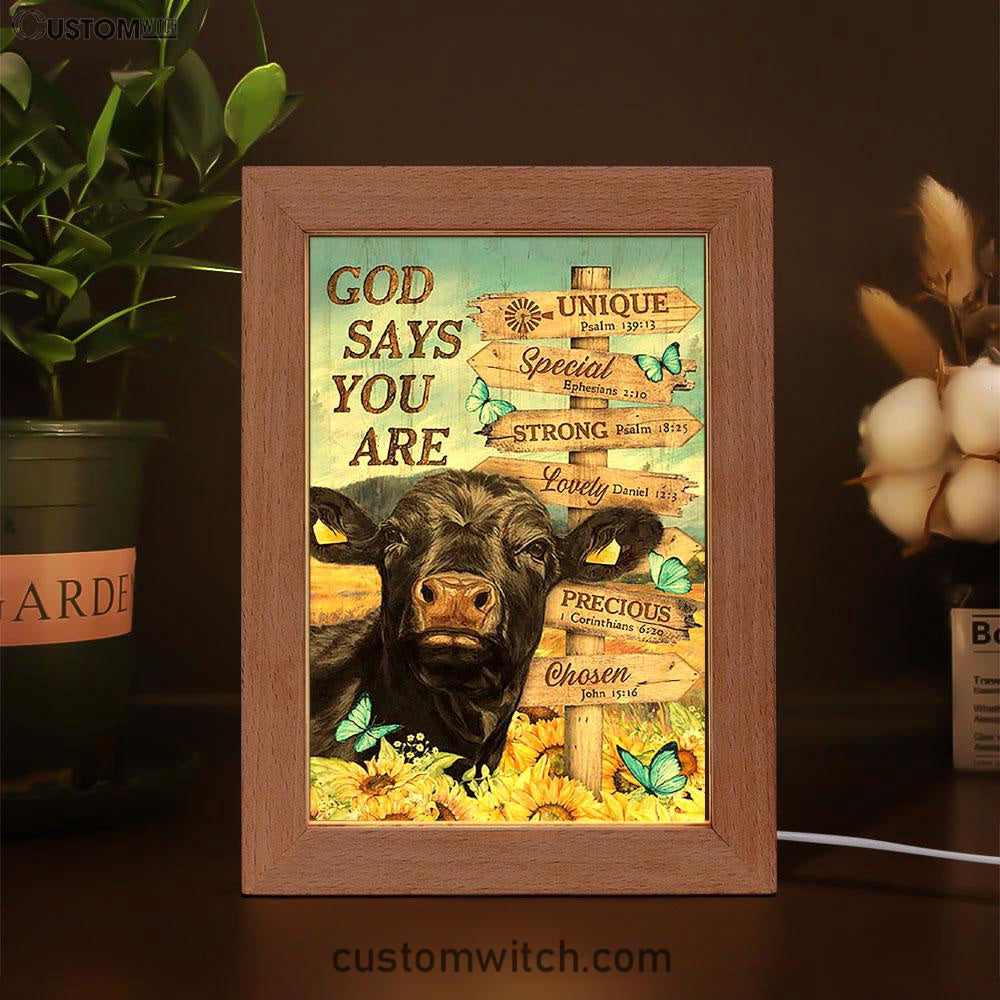God Says You Are Black Cow Sunflower Field Frame Lamp Art - Bible Verse Wooden Lamp - Inspirational Art - Christian Home Decor