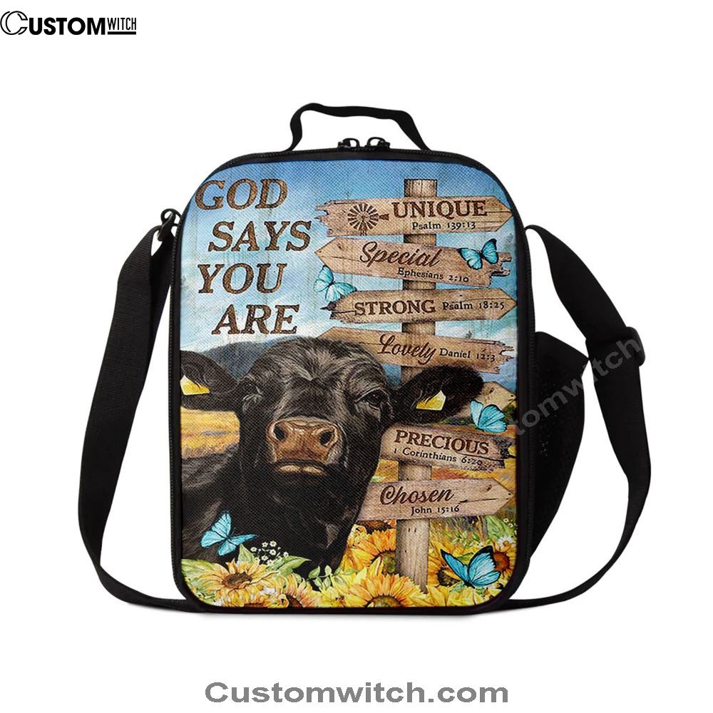 God Says You Are Black Cow Sunflower Field Lunch Bag, Christian Lunch Bag, Religious Lunch Box For School, Picnic