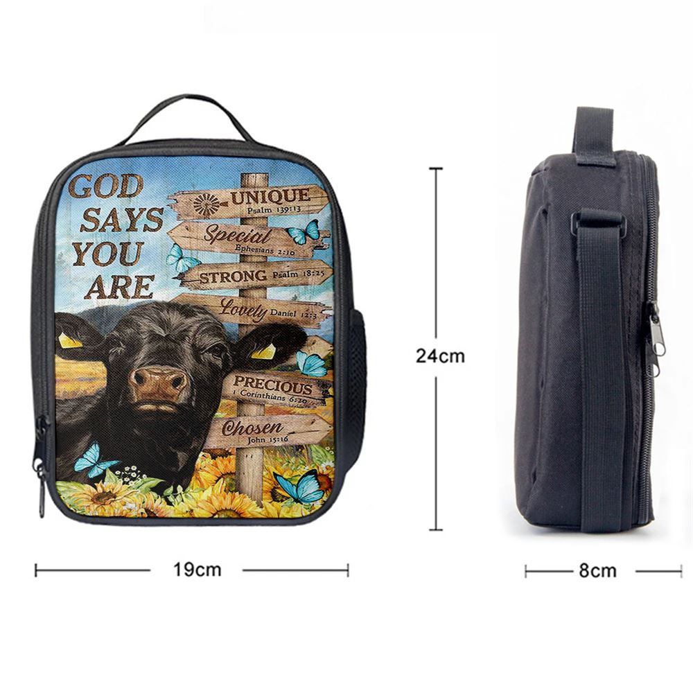 God Says You Are Black Cow Sunflower Field Lunch Bag, Christian Lunch Bag, Religious Lunch Box For School, Picnic