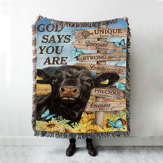 God Says You Are Black Cow Sunflower Field Woven Throw Blanket - Bible Verse Woven Blanket Art - Inspirational Art - Christian Home Decor
