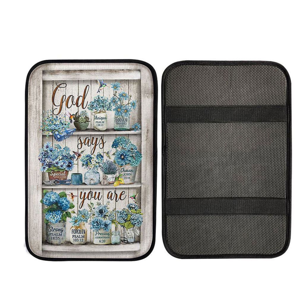 God Says You Are Blue Flower Hummingbird Car Center Console Cover, Christian Car Accessories