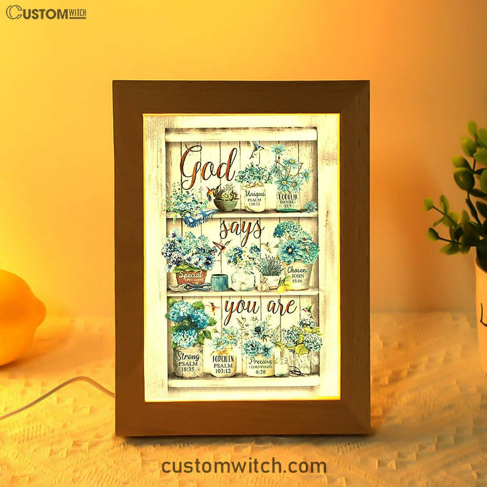 God Says You Are Blue Flower Hummingbird Frame Lamp Art - Bible Verse Wooden Lamp - Inspirational Art - Christian Home Decor