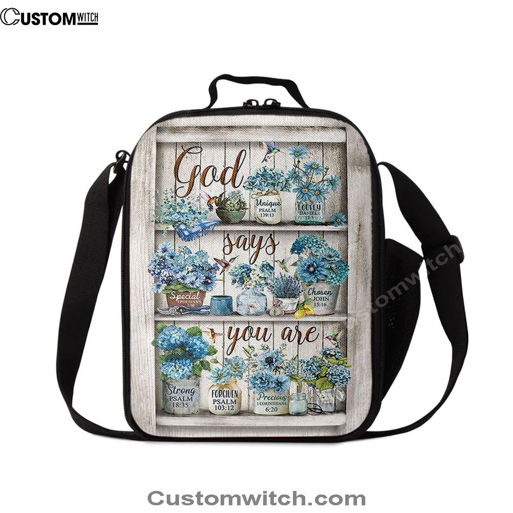 God Says You Are Blue Flower Hummingbird Lunch Bag, Christian Lunch Bag, Religious Lunch Box For School, Picnic