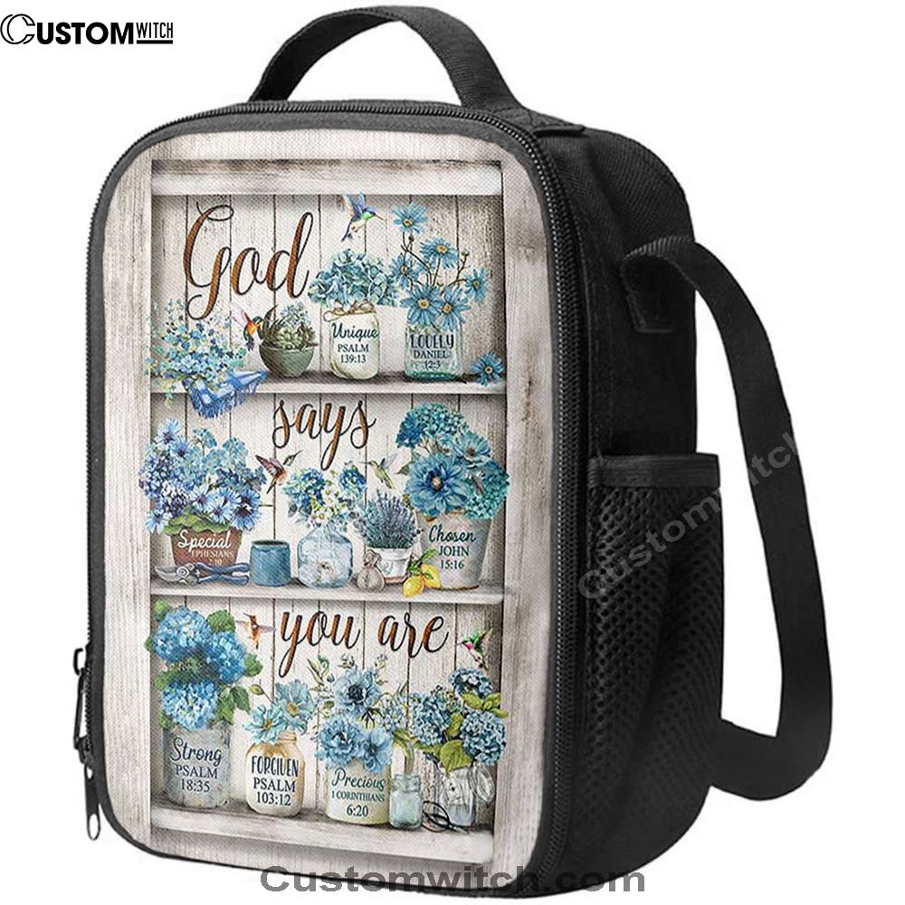 God Says You Are Blue Flower Hummingbird Lunch Bag, Christian Lunch Bag, Religious Lunch Box For School, Picnic