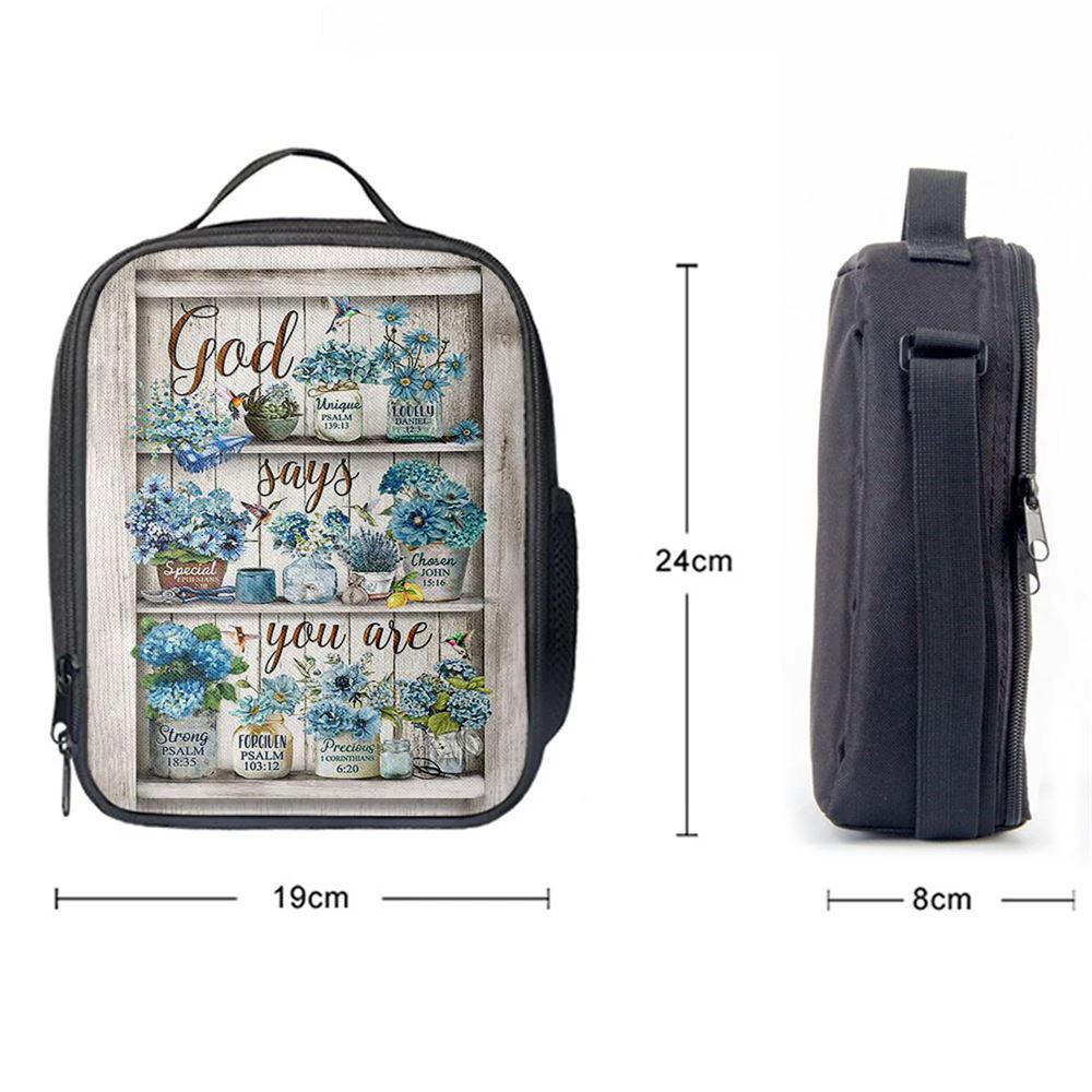 God Says You Are Blue Flower Hummingbird Lunch Bag, Christian Lunch Bag, Religious Lunch Box For School, Picnic