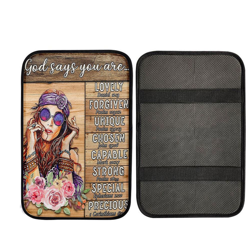 God Says You Are Boho Hippie Car Center Console Cover, Bible Car Armrest Pad, Christian Car Accessories