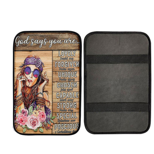 God Says You Are Boho Hippie Car Center Console Cover, Bible Car Armrest Pad, Christian Car Accessories