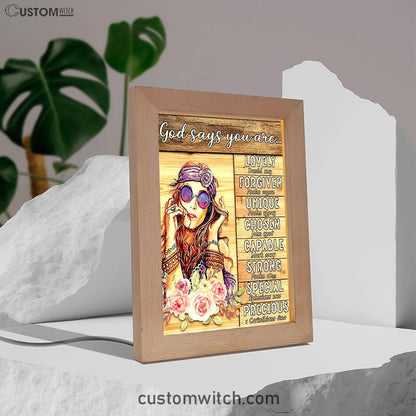 God Says You Are Boho Hippie Frame Lamp Art - Encouragement Gifts For Women Girls Teens Bedroom