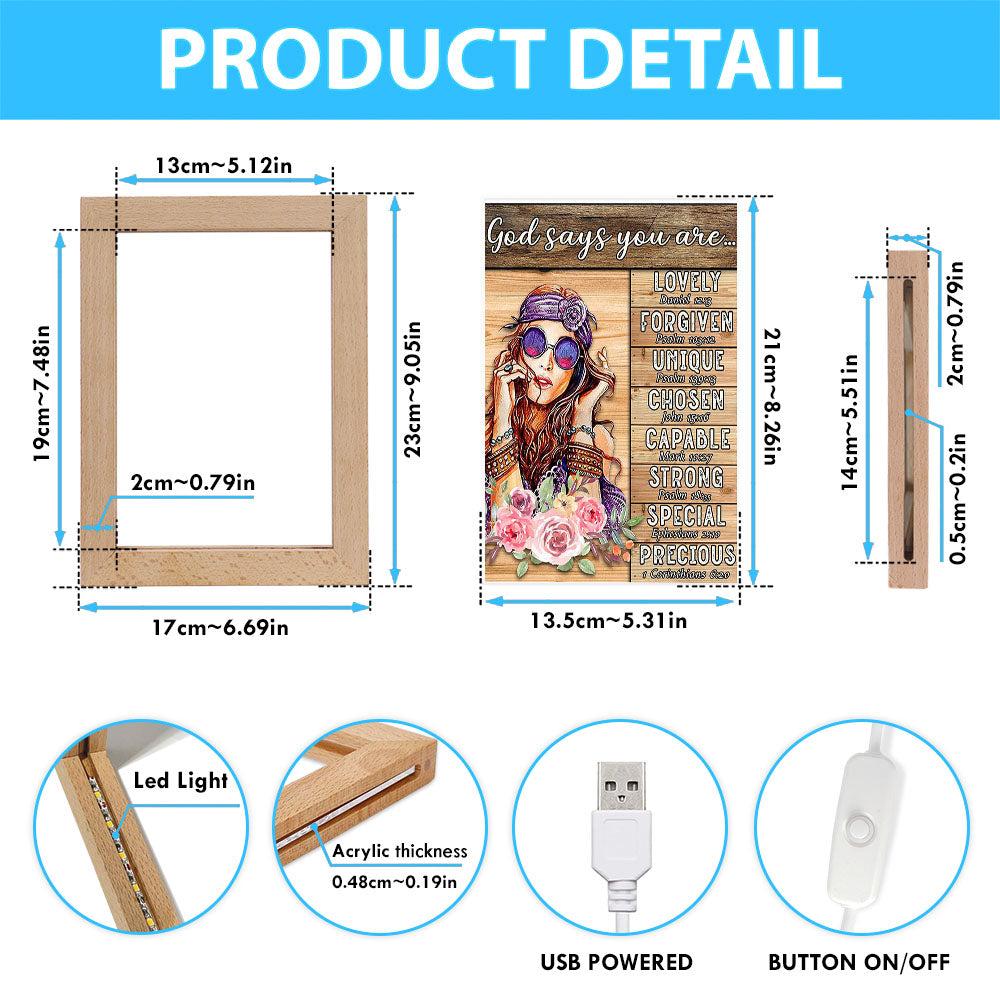 God Says You Are Boho Hippie Frame Lamp Art - Encouragement Gifts For Women Girls Teens Bedroom