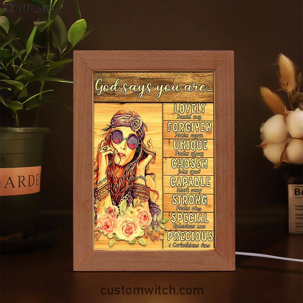 God Says You Are Boho Hippie Frame Lamp Art - Encouragement Gifts For Women Girls Teens Bedroom