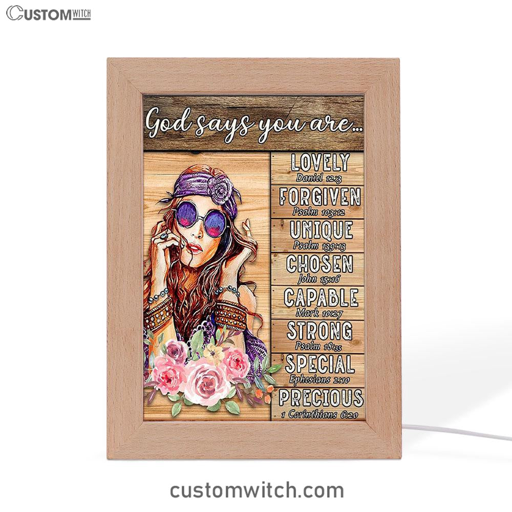 God Says You Are Boho Hippie Frame Lamp Art - Encouragement Gifts For Women Girls Teens Bedroom