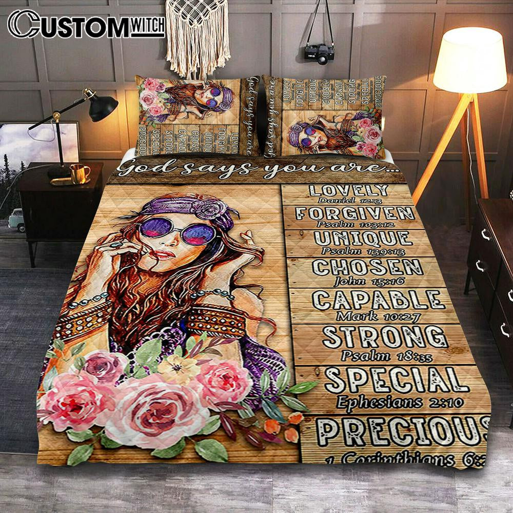 God Says You Are Boho Hippie Quilt Bedding Set Bedroom -  Gifts For Women Girls Teens Bedroom