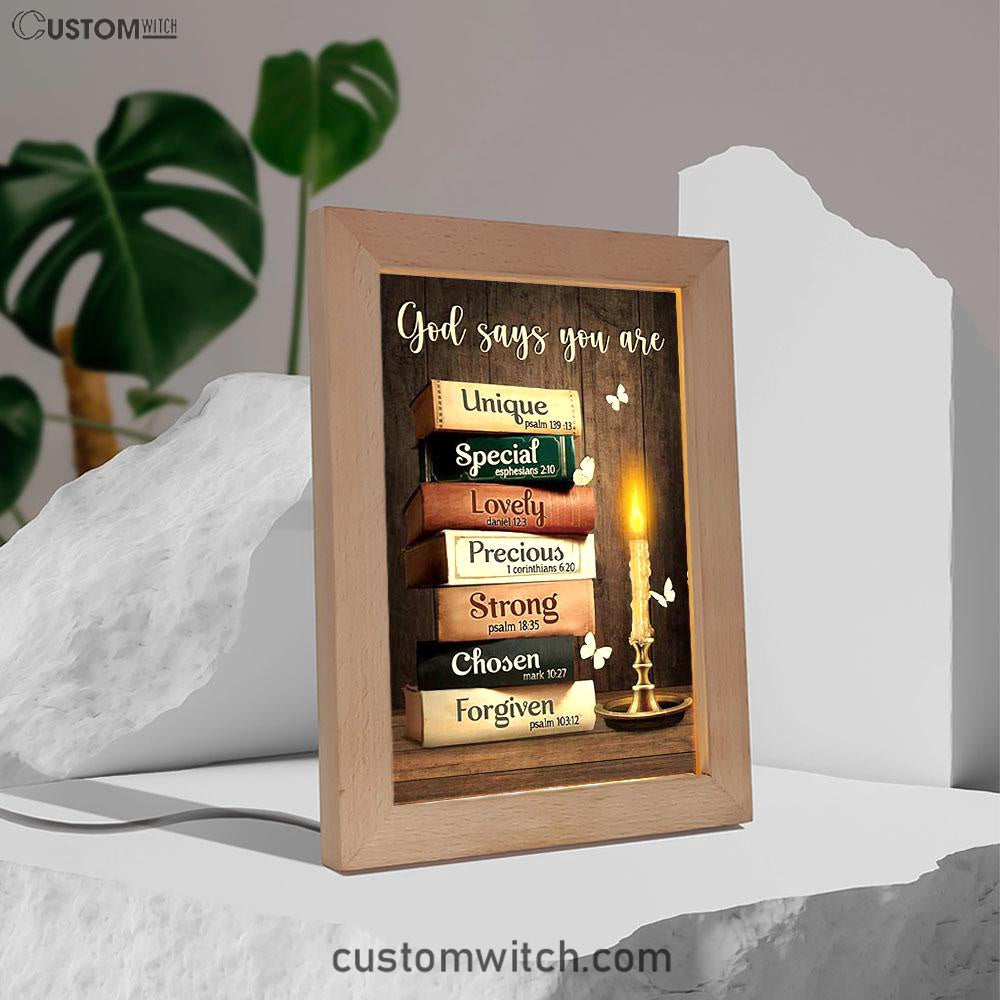 God Says You Are Book Vintage Bible Night Frame Lamp Art - Christian Night Light - Bible Verse Wooden Lamp