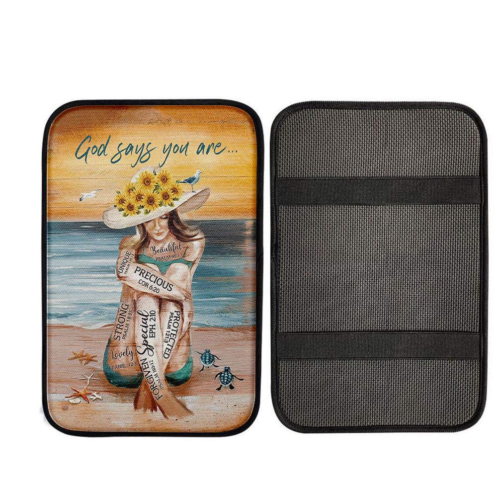 God Says You Are Car Armrest Pad Beautiful Girl On The Beach Car Center Console Cover, Christian Car Accessories