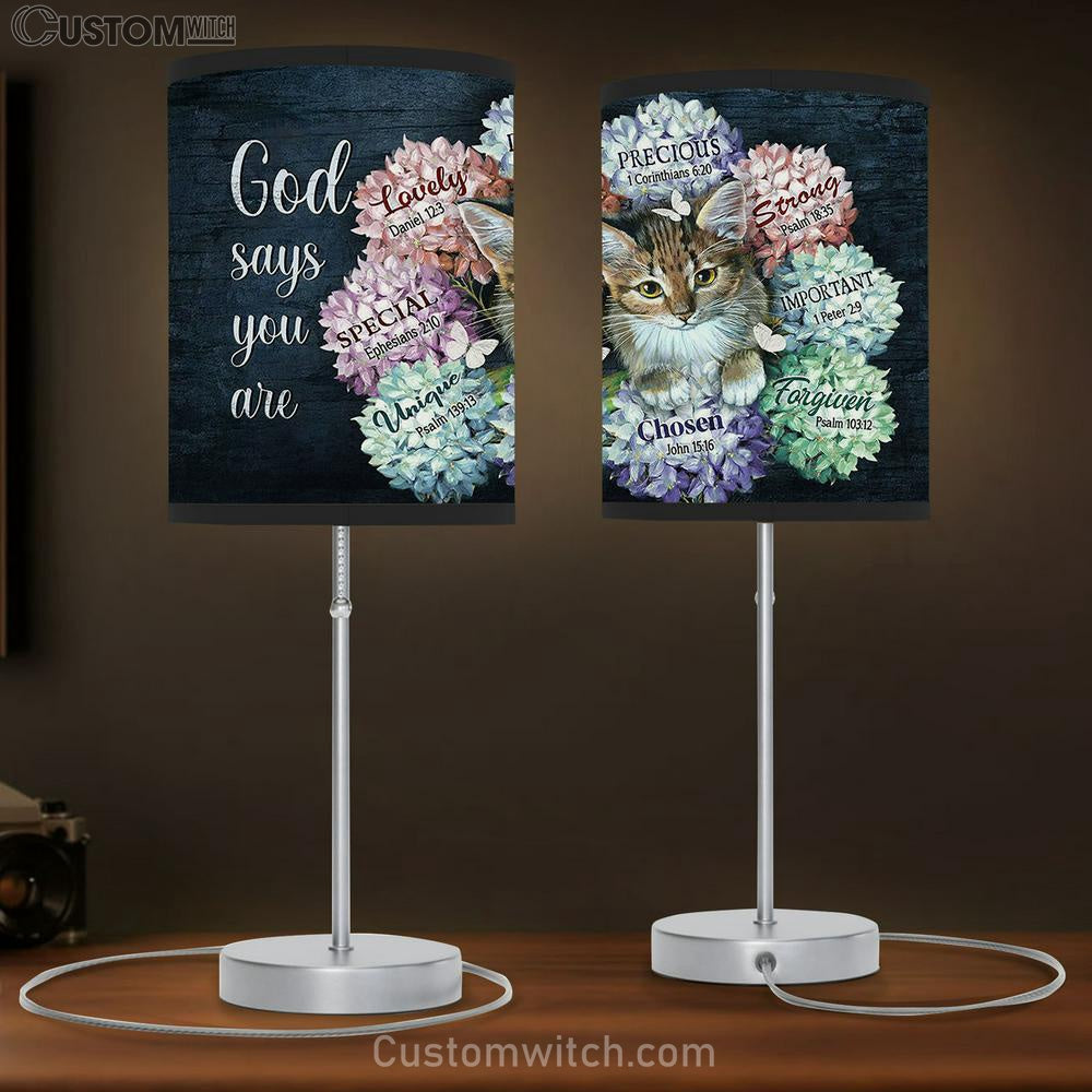 God Says You Are Cat Hydrangea Butterfly Table Lamb Gift - Bible Verse Table Lamb - Religious Bedroom Decor