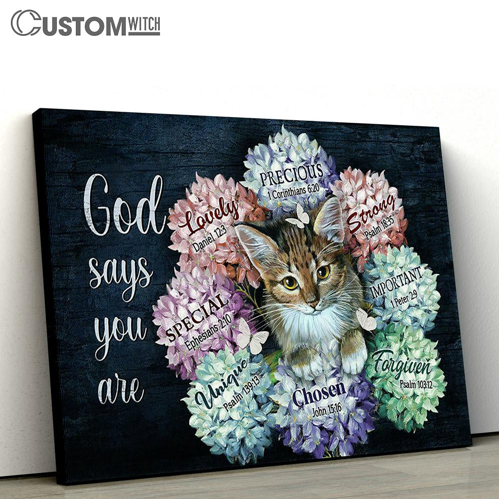 God Says You Are Cat Hydrangea Butterfly Canvas Wall Art - Bible Verse Canvas - Religious Prints