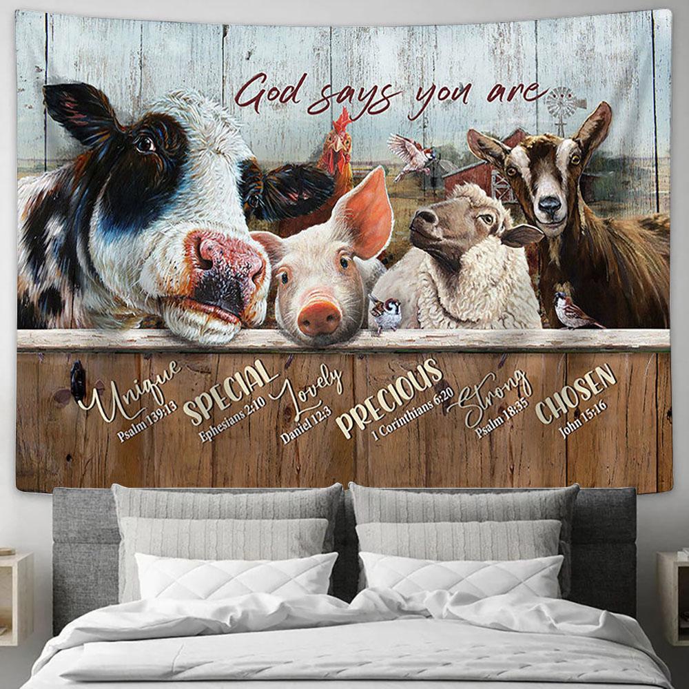 God Says You Are Dairy Cow Animal Rooster Tapestry Wall Art - Bible Verse Tapestry - Religious Tapestry Wall Hanging