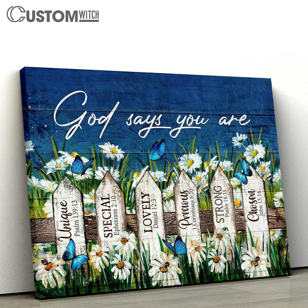 God Says You Are Daisy Garden Butterfly Canvas Wall Art - Bible Verse Canvas - Religious Prints