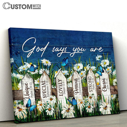 God Says You Are Daisy Garden Butterfly Canvas Wall Art - Bible Verse Canvas - Religious Prints