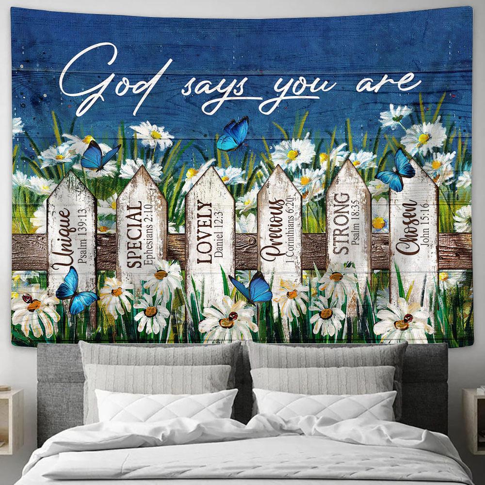 God Says You Are Daisy Garden Butterfly Tapestry Wall Art - Bible Verse Tapestry - Religious Tapestry Wall Hanging