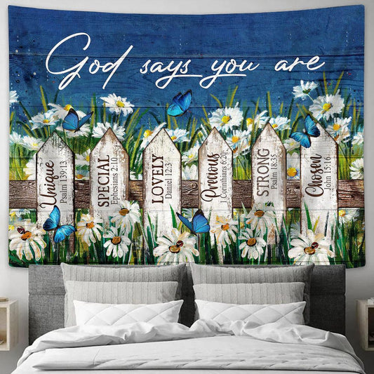 God Says You Are Daisy Garden Butterfly Tapestry Wall Art - Bible Verse Tapestry - Religious Tapestry Wall Hanging