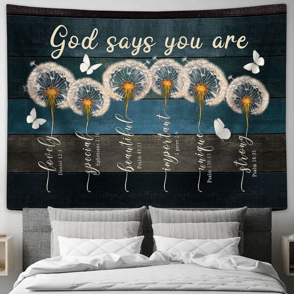God Says You Are Dandelion Butterfly Tapestry Wall Art - Bible Verse Tapestry - Religious Tapestry Wall Hanging
