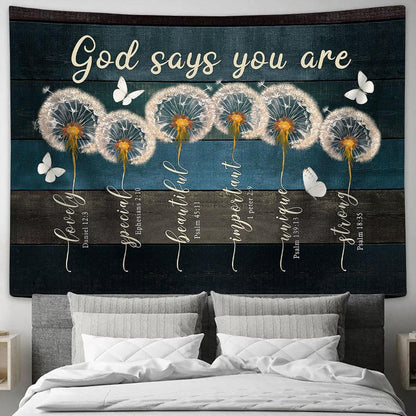 God Says You Are Dandelion Butterfly Tapestry Wall Art - Bible Verse Tapestry - Religious Tapestry Wall Hanging