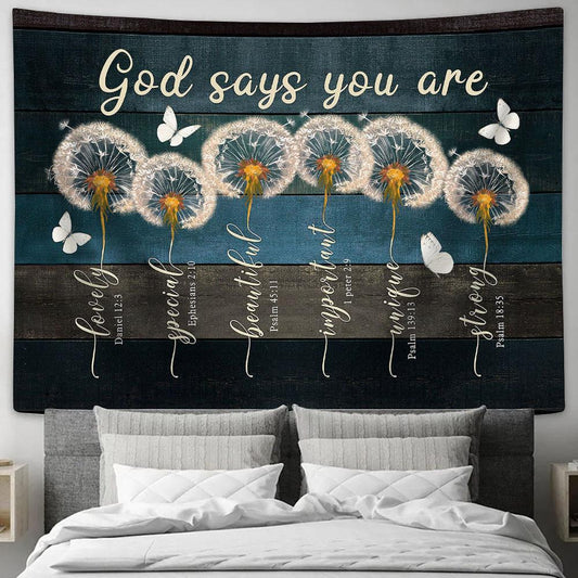 God Says You Are Dandelion Butterfly Tapestry Wall Art - Bible Verse Tapestry - Religious Tapestry Wall Hanging