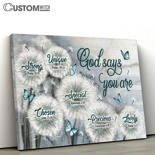 God Says You Are Dandelion Field Blue Butterfly Canvas Wall Art - Bible Verse Canvas - Religious Prints