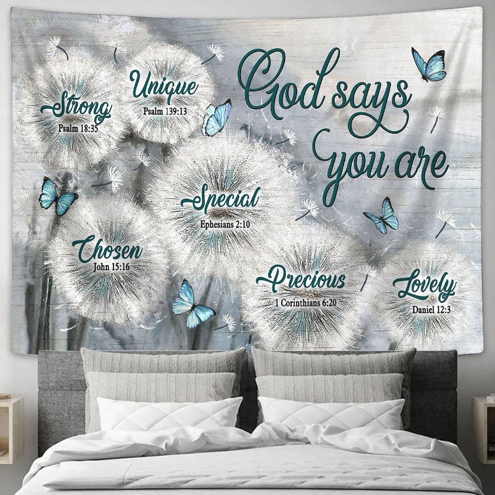 God Says You Are Dandelion Field Blue Butterfly Tapestry Wall Art - Bible Verse Tapestry - Religious Tapestry Wall Hanging