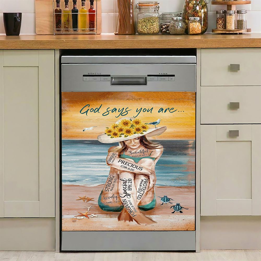 God Says You Are Dishwasher Cover Beautiful Girl On The Beach Dishwasher Cover, Christian Dishwasher Stickers, Bible Verse Kitchen Decor