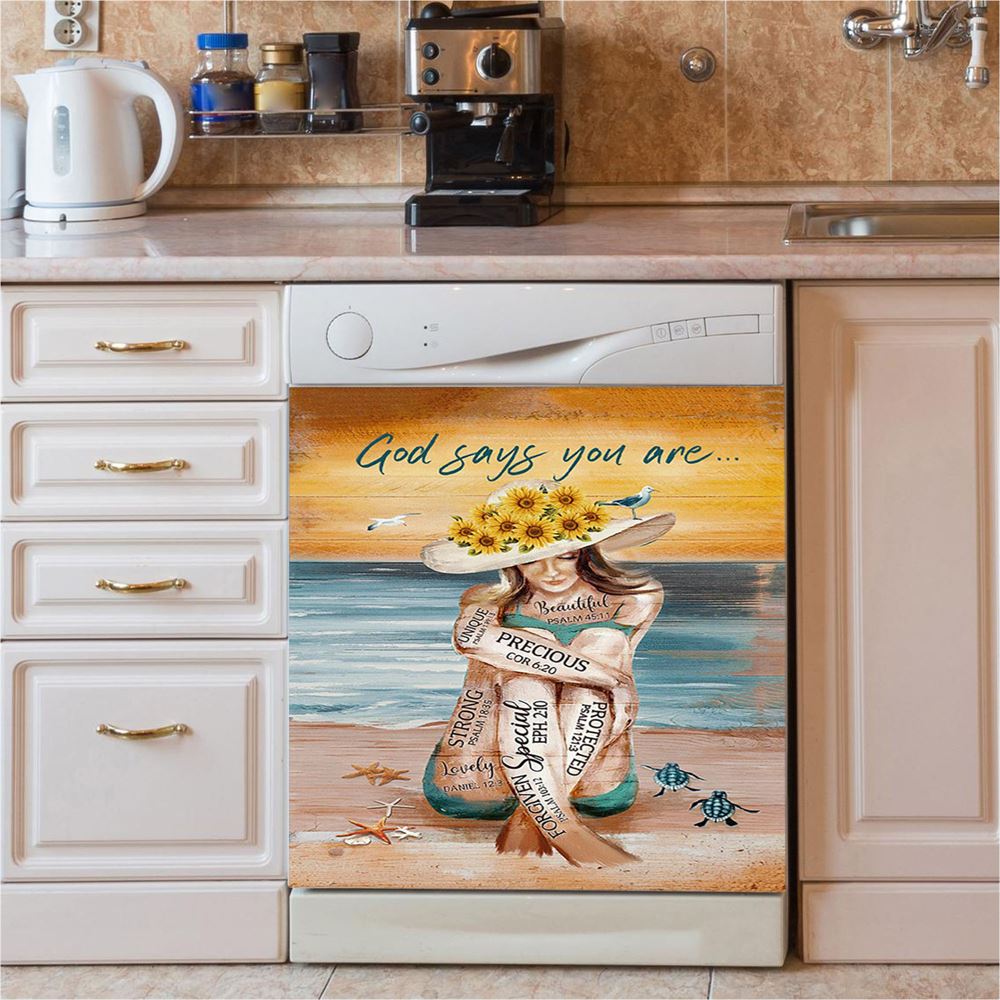 God Says You Are Dishwasher Cover Beautiful Girl On The Beach Dishwasher Cover, Christian Dishwasher Stickers, Bible Verse Kitchen Decor