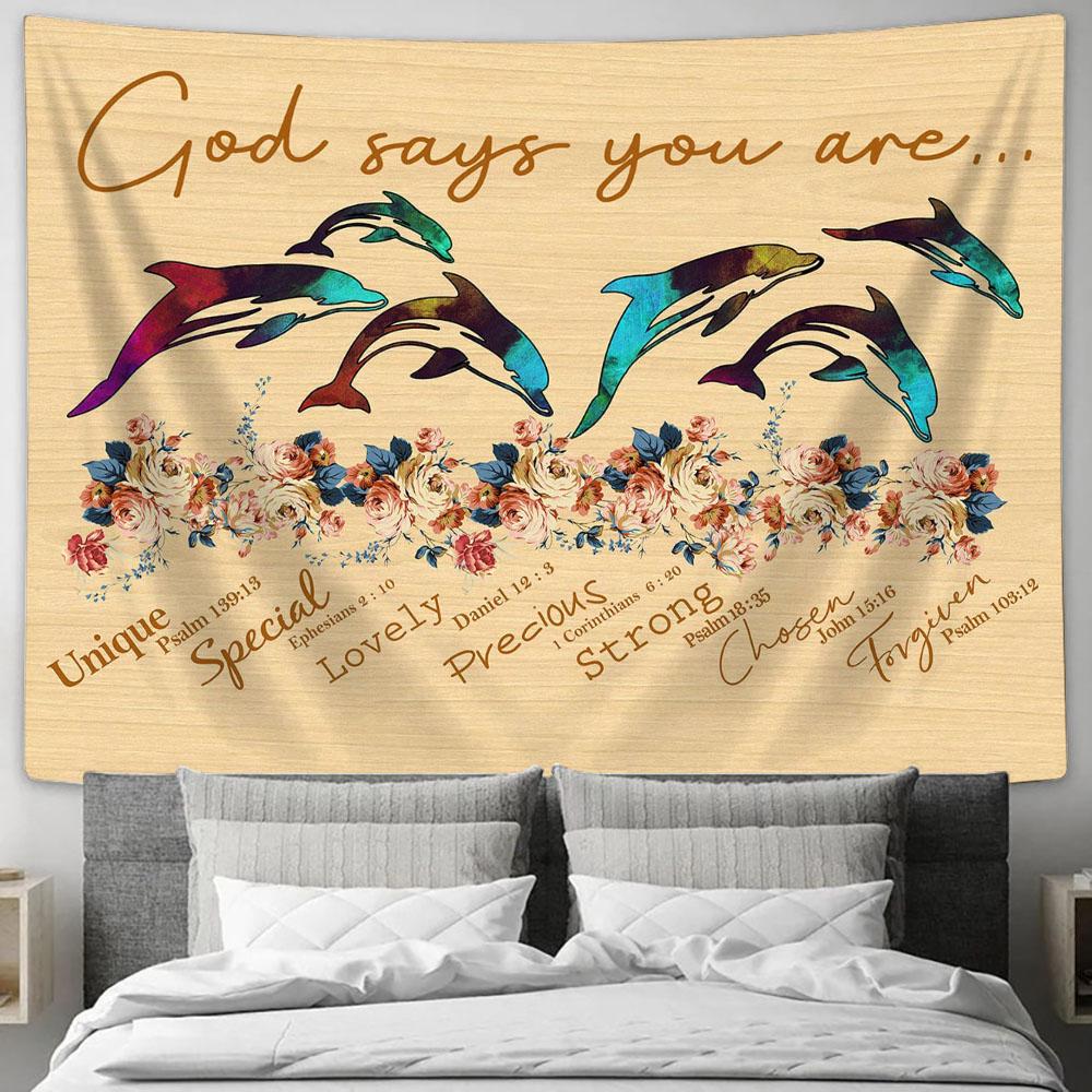 God Says You Are Dolphin Tapestry Wall Art - Christian Wall Tapestry - Scripture Tapestry Prints