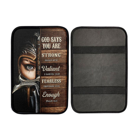 God Says You Are Female Warrior Car Armrest Pad - Knight Of God Car Center Console Cover, Christian Car Accessories