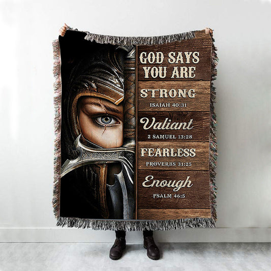 God Says You Are Female Warrior Woven Blanket - Knight Of God Woven Blanket Art - Bible Verse Throw Blanket - Christian Inspirational Boho Blanket