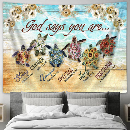 God Says You Are Flower On The Beach Sea Turtles Tapestry Painting - Christian Wall Art - Gifts For Turtle Lovers