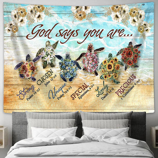 God Says You Are Flower On The Beach Sea Turtles Tapestry Painting - Christian Wall Art - Gifts For Turtle Lovers