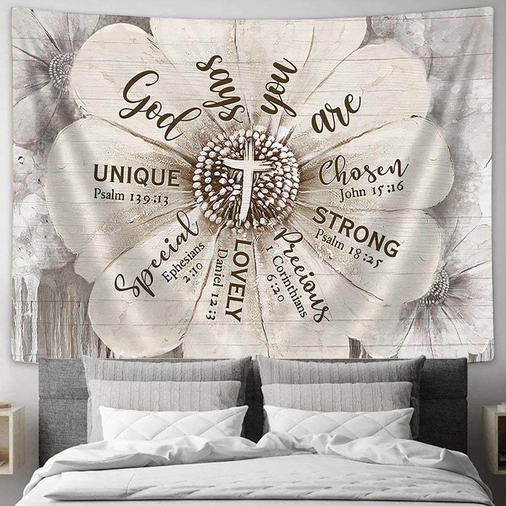 God Says You Are Flower Vintage Tapestry Wall Art - Bible Verse Tapestry - Religious Tapestry Wall Hanging