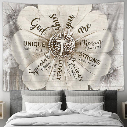 God Says You Are Flower Vintage Tapestry Wall Art - Bible Verse Tapestry - Religious Tapestry Wall Hanging