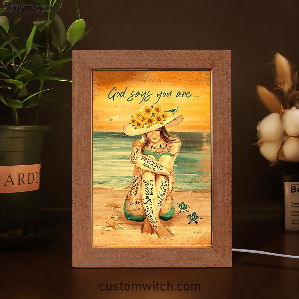 God Says You Are Frame Lamp Beautiful Girl On The Beach Frame Lamp Art - Christian Night Light - Bible Verse Wooden Lamp
