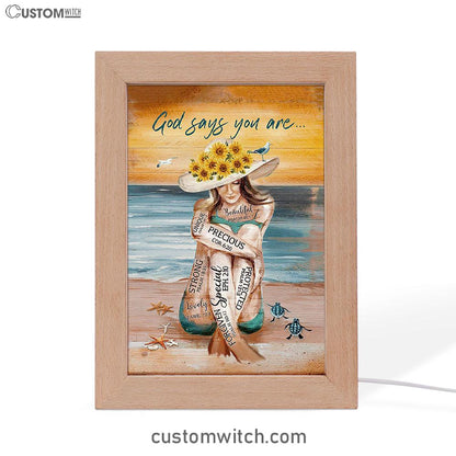 God Says You Are Frame Lamp Beautiful Girl On The Beach Frame Lamp Art - Christian Night Light - Bible Verse Wooden Lamp