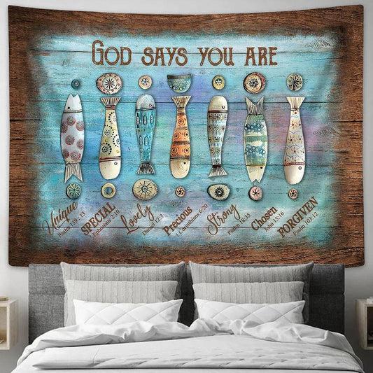 God Says You Are Hook Fishing Rod Tapestry Wall Art - Bible Verse Tapestry - Religious Tapestry Wall Hanging