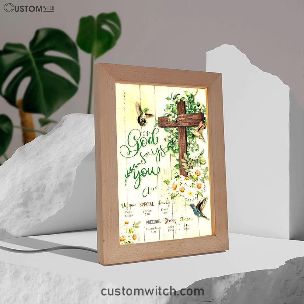God Says You Are Hummingbird Daisy Frame Lamp Art - Christian Night Light Decor