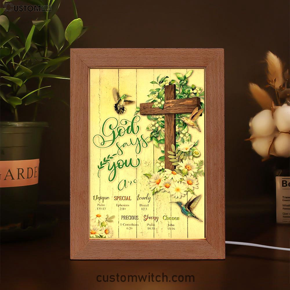 God Says You Are Hummingbird Daisy Frame Lamp Art - Christian Night Light Decor