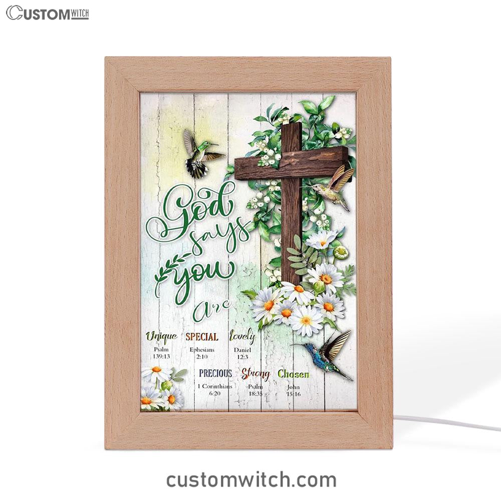 God Says You Are Hummingbird Daisy Frame Lamp Art - Christian Night Light Decor