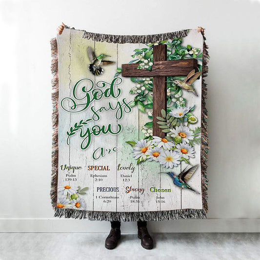 God Says You Are Hummingbird Daisy Woven Throw Blanket - Christian Woven Throw Blanket Decor