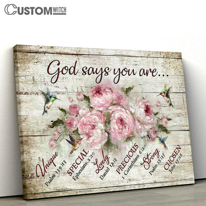 God Says You Are Hummingbird Pink Flower Canvas Wall Art - Bible Verse Canvas - Religious Prints