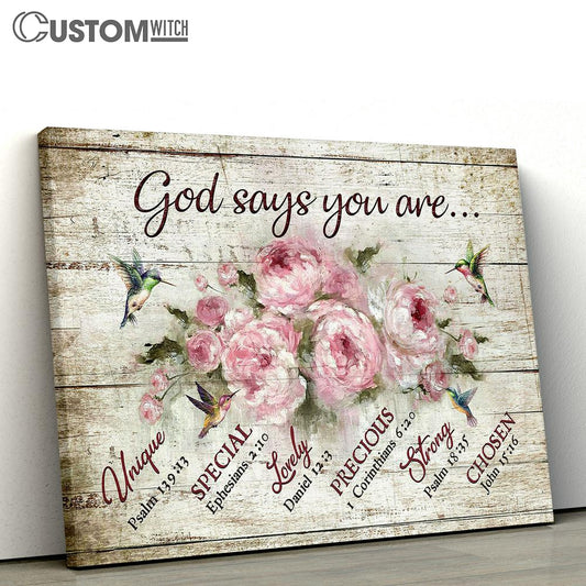 God Says You Are Hummingbird Pink Flower Canvas Wall Art - Bible Verse Canvas - Religious Prints