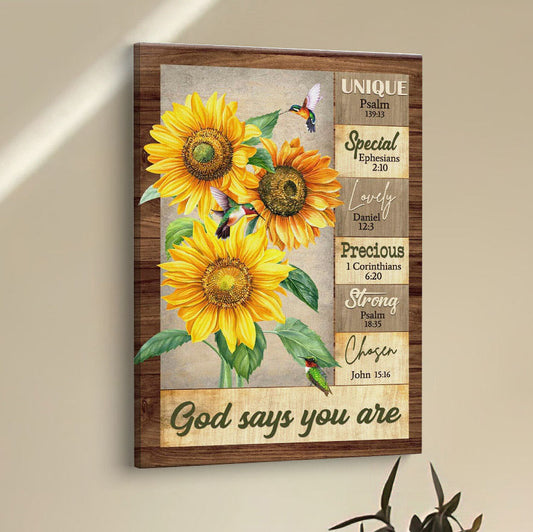 God Says You Are Hummingbird Sunflower Christian Canvas Prints - Bible Verse Wall Decor - Scripture Wall Art